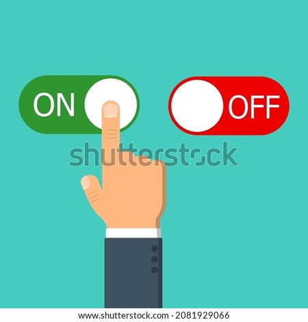 Hand click a button off or on. Flat illustration. Modern button for web design. Ui design concept.