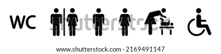 WC sign. Toilet icons vector on white background. Black pictogram with restroom and bathroom. Toilet for male, female, Vector silhouette set.