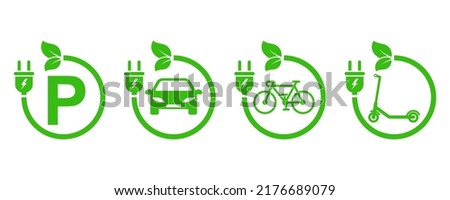 Charging stations vector icons. Charging for bicycle, car and electric scooter. Point eco recharge energy. Green parking.