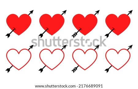Set with through pierced heart. Heart and arrows vector icons. Valentine day. Symbol lovestruck.
