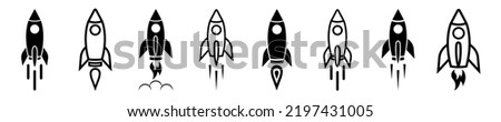Set of rocket vector icons. Launch spaceship or spacecraft. Rocket fast flying for space. New business start up. 