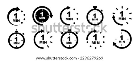Set of one minute vector icons. Running time. 1 minutes timers. Stopwatch and countdown. Quick clock.