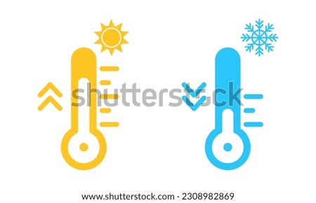 Thermometer with yellow sun and blue snowflake vector icon. Winter and summer weather. Heat or cold climate. Low or high temperature.