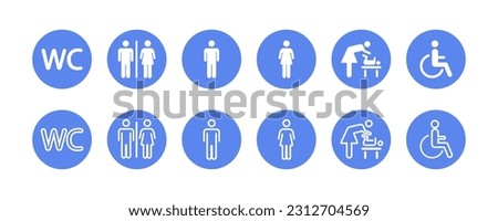 WC sign. Toilet  vector icons on blue background. Blue pictogram with restroom and bathroom. Toilet for male, female, invalid.