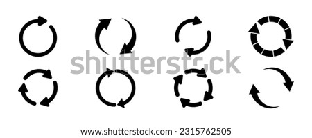 Set of rotate arrows vector icons. Recycle, reload, refresh sign. Black circular arrow. Repeat arrow.