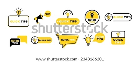 Set of yellow quick tips badge. Quick tips with light bulb. Fast help or info. Vector 10 Eps.