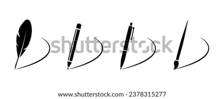 Feather pen, pencil, pen, paintbrush write vector icons set. Write letter.