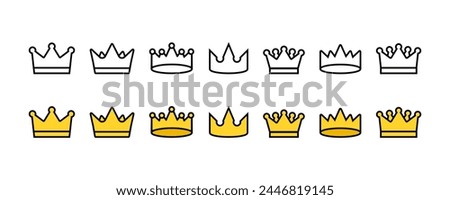 Black and gold linear crowns vector icons set. Collection with outline crowns.