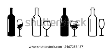Set of wine bottle with wine glasses vector icons. Drink alcohol.