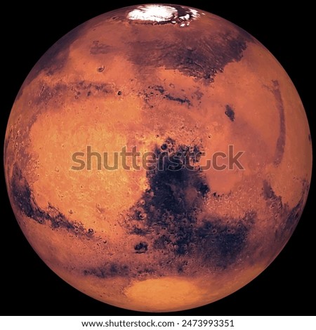 The planet Mars on a black background. Vector texture map of the spherical surface of the planet Mars.