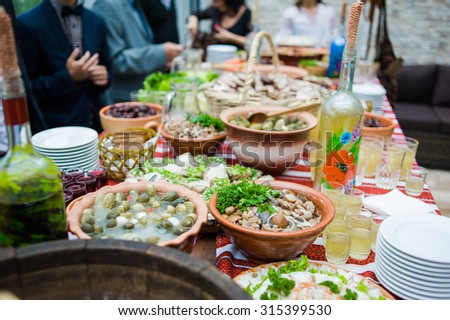 table with rural food at the wedding