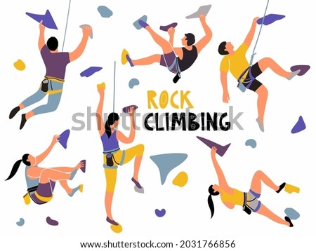 Rock climbing. Vector hand-drawn set with rock climbers at the climbing wall. Flat modern style. Isolated on white background.