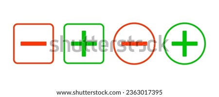 Minus and plus icon. Red minus and green plus sign set in vector. Minus and plus in square and circle outline.