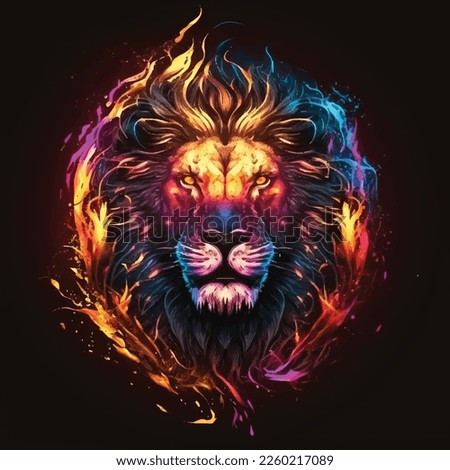 Lion face watercolor colorful vector illustration, Artistic, neon color, abstract portrait of a lion face on a dark blue background with watercolor.