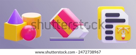 shape tool, eraser and graphic file in 3d icon illustration. 3d rendering of graphic interface