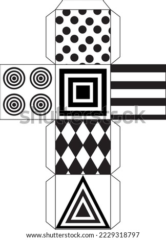 Montessori educational logic toys. Black and white image for preschool children. Montessori system for early childhood development. The unfolding of the cube for classes. Vector illustration on a whit