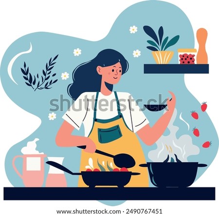 Home cooking abstract concept vector illustration. Cook at home, online easy food recipes, family time activity, homemade traditional meal, cooking TV show, healthy eating habit abstract metaphor.