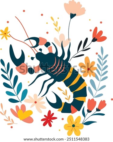 Scorpio zodiac sign with floral flora, vector illustration, white isolated background.