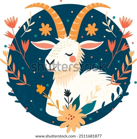 Capricorn zodiac sign with floral flora, vector illustration, white isolated background.