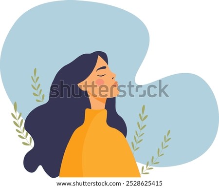 Deep breath and mindfulness concept. Woman calm and relaxed, mental health, self care or meditation. Vector illustration in flat style	