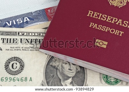 European Union passport, dollars and US visa