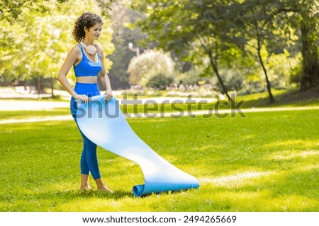 Similar – Image, Stock Photo Flexible young sportswoman practicing yoga on street