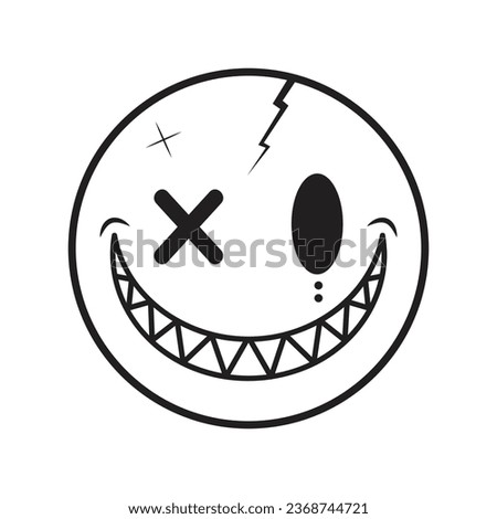 A scary emoji with sharp teeth and half-curved x eyes in black and white, perfect for tattoos, symbols or for a simple t-shirt design