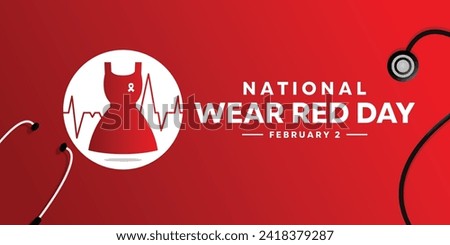 Background National Wear Red Day February 2, 2024. Stestoscope, ribbon, red dress and more. Banner, card, poster, social media and more