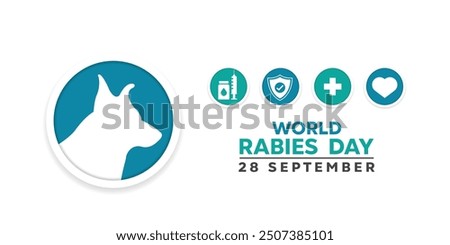 World Rabies Day. Pet, syringe, shield, plus icon and heart. Great for cards, banners, posters, social media and more. White background.