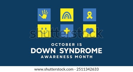 Down Syndrome Awareness Month. Hand, rainbow, ribbon, smile, plus icon and heart. Great for cards, banners, posters, social media and more. Dark background.