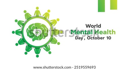 World Mental Health Day. Brain, heart, plus icon and proples. Great for cards, banners, posters, social media and more. White background.