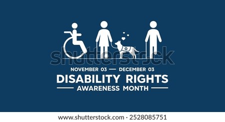 Disability Rights Awareness Month. Peoples, heart and dog. Great for cards, banners, posters, social media and more. Dark blue background.