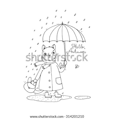 Cute Cartoon Cat, Umbrella, Rain And Puddles. Hand Drawing Isolated ...