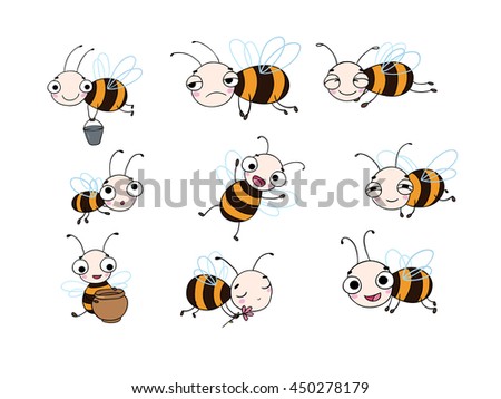 Set With Cute Cartoon Bees. Hand Drawing Isolated Objects On White