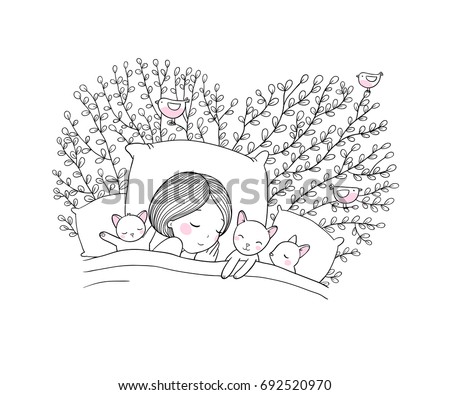 Girl And Cats Sleep In BedGood Night Sweet Dreams Vector Illustration