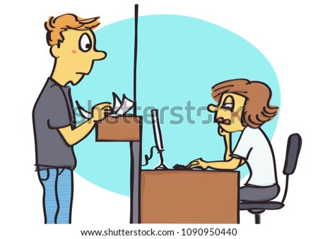 Funny vector cartoon of office clerk acting unfriendly and passive to the client, bad behavior at work