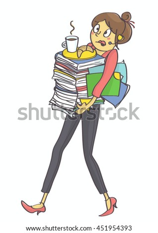 Illustration of business woman, secretary or clerk overloaded with office tasks and work, all in stress. Exhausted, overworked multitasking woman, secretary or a trainee carrying office stuff.