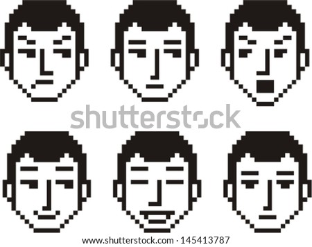 Set of six pixelated faces of a young man in various mood expressions.