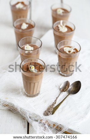 Chocolate Pannacotta, Italian Dessert\
Chocolate Panna Cotta garnished with white chocolate curls served in glasses