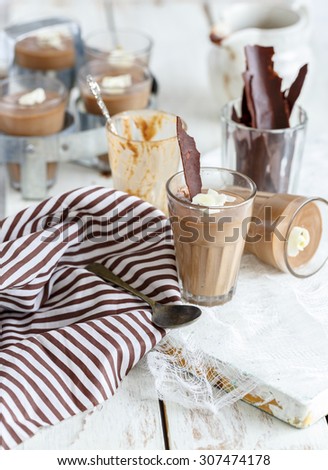 Chocolate PannaCotta , Italian Dessert\
Chocolate Panna Cotta garnished with white chocolate curls served in glasses