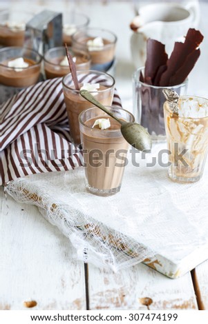 Chocolate Pannacotta, Italian Dessert
Chocolate Panna Cotta garnished with white chocolate curls served in glasses