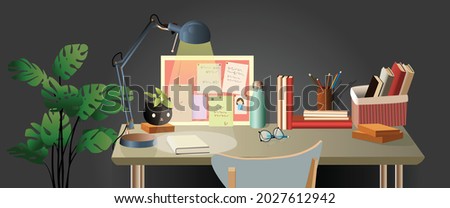 
Vector illustration of the modern workplace in a room. study room interior. Desktop with table, lamp, bookshelves, flower pot, board, box, chair, house plant. A place for education homework workplace