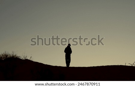 Similar – Image, Stock Photo Tourist against solitary rock in middle of green forested plain under clear sky in summer