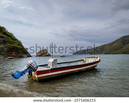 Image, Stock Photo Calm sea near hill under cloudy sky in foggy weather