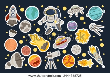 Space stickers collection for kids, planets, moon, constellation, rocket.Galaxy research, space explore and astronaut mission icons