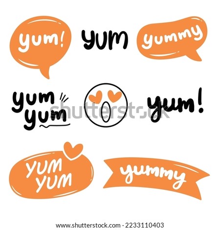 Yum Yum words set. Printable graphic tee. Design doodle for print. Vector illustration. Colorful. Cartoon hand drawn calligraphy style. orange Black and white