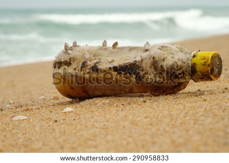 Pollution,environmental disaster.Plastic bottles on the beach