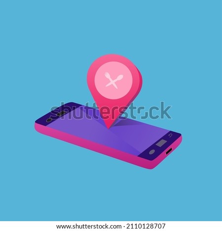 vector illustration of a pin with a smartphone to show the location of your business, relevant to your business plus a fork and spoon element in the middle of the pin