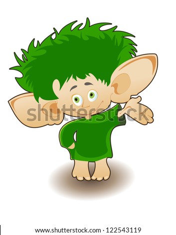 solated picture of a small gnome with a mop of green hair on his head on a white background