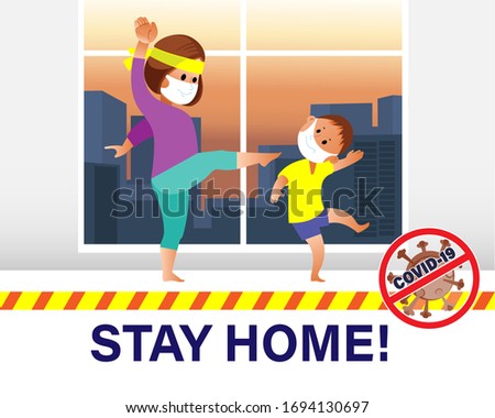 Young mother having fun with a cute little child during self-isolation, jumping dancing in the living room, her son laughs, doing morning exercises together at home during quarantine.